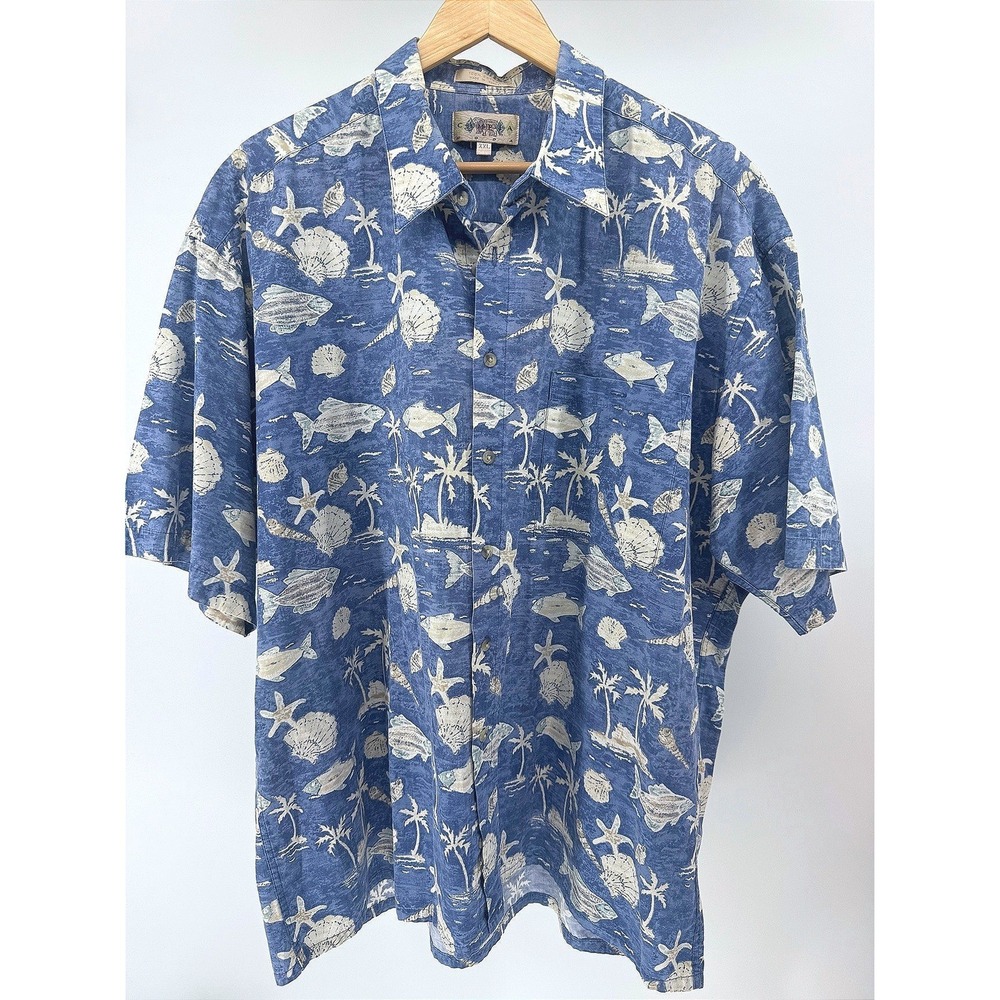 Campia Moda Hawaiian Shirt Mens XXL Blue Seashell Fish Tropical Aloha Cotton